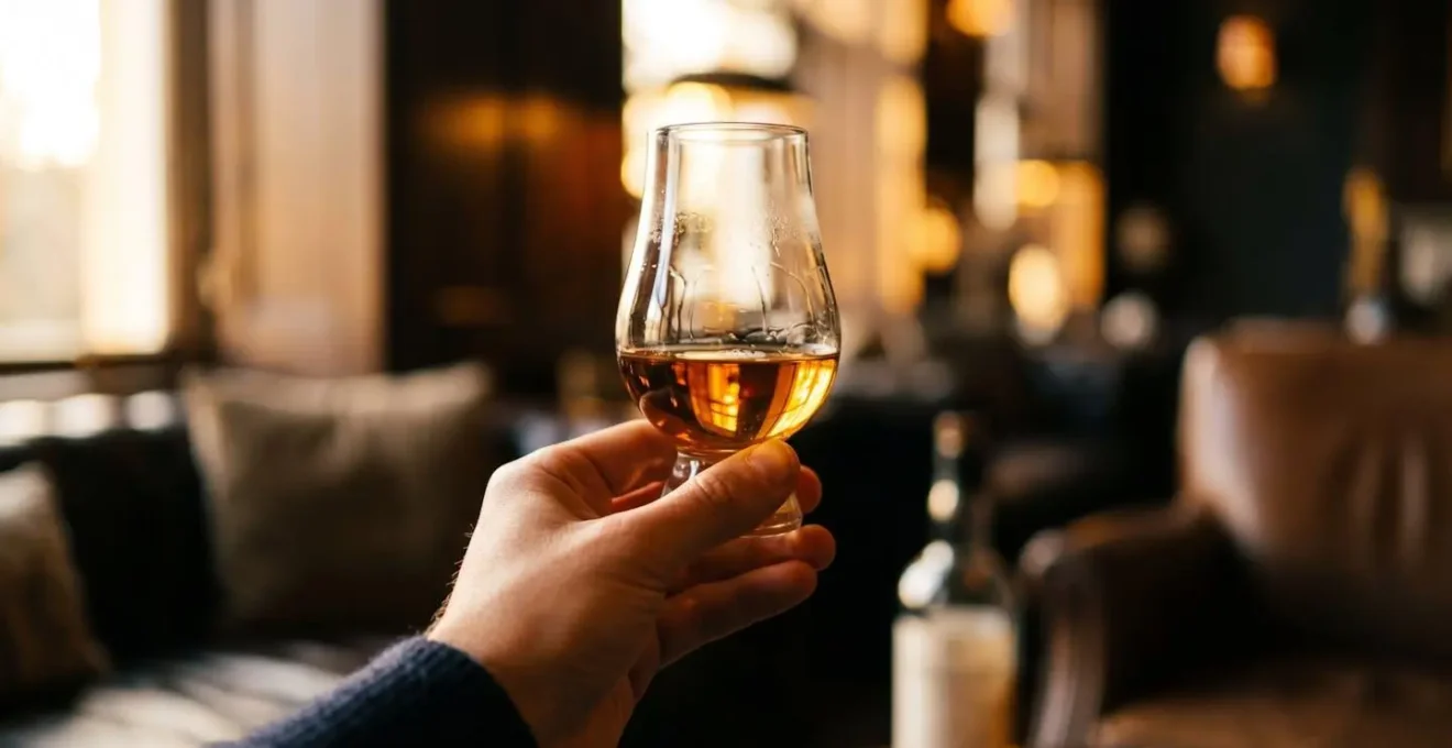 Verre tulipe contenant un whisky ambré tenu à hauteur d'œil devant une lumière chaleureuse, mise au point sur le liquide
