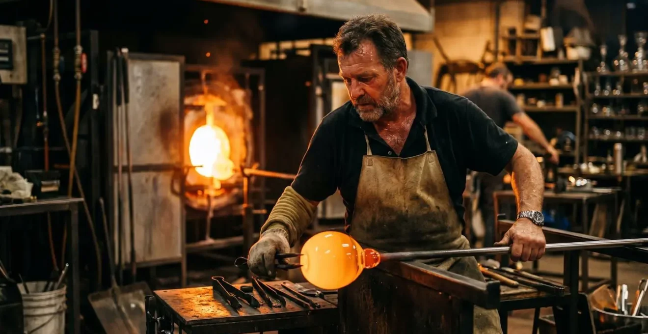 Artisan verrier travaillant un verre soufflé bouche dans un atelier, chaleur ambiante visible