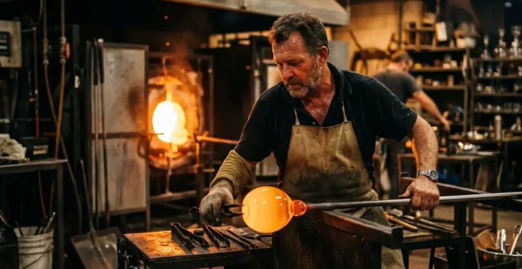 Artisan verrier travaillant un verre soufflé bouche dans un atelier, chaleur ambiante visible Artisan verrier travaillant un verre soufflé bouche dans un atelier, chaleur ambiante visible
