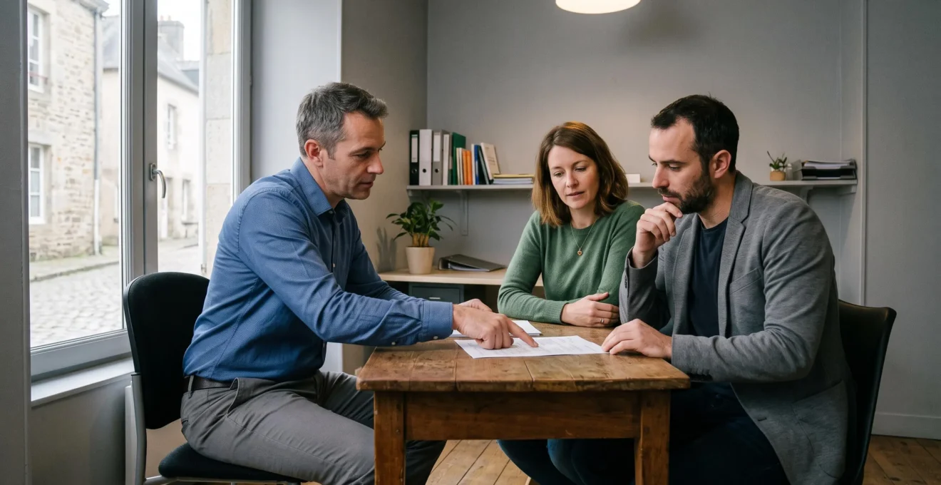 Un conseiller explique un document à un couple dans un petit bureau éclairé.