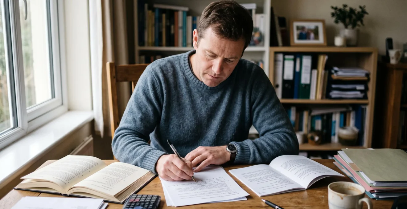 Un homme compare deux livrets d'épargne en prenant des notes à son bureau.
